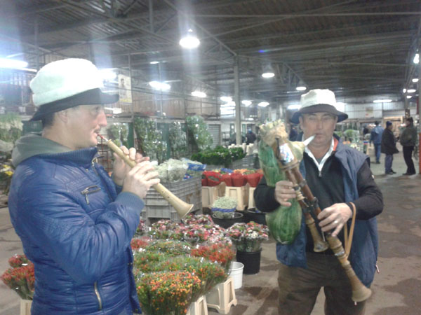 Gli zampognari all’alba nel Mercato dei fiori